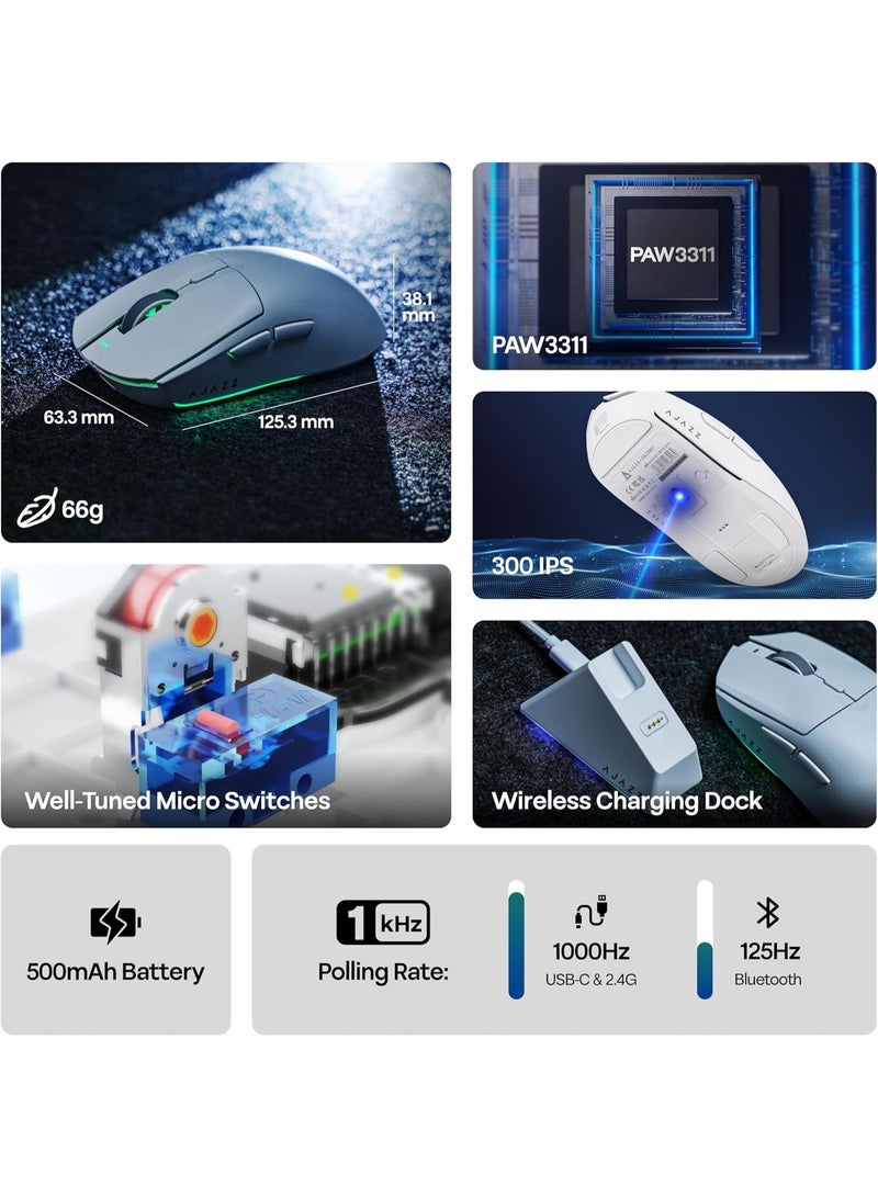 A-jazz AJAZZ AJ139V2MC-1K-gaming mouse-RGB charging dock, 12,000 DPI, PAW3311 sensor, 3 modes of wireless charging mouse, 500mah battery, 1000 polling rate, 66g lightweight, Win/Mac - Image 3