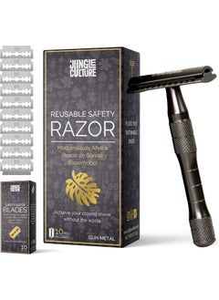 JUNGLE CULTURE Black Mens Safety Razor with 10 Double Edge Blades  Single Blade Razors for Men  Women  Mens Safety Shaving Razors  Reusable  Plastic Free  USUK Company