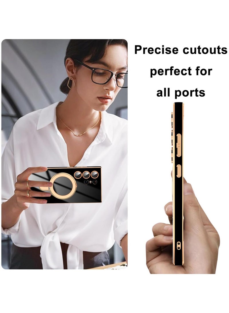 Magnetic Case for Galaxy S25 Ultra with Ring Stand [Camera Lens Protector] Glitter Slim Protective Cover, Compatible with Samsung Galaxy S25 Ultra Case -Black - Image 2