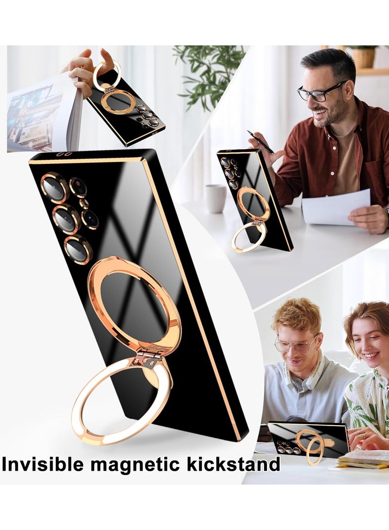 Magnetic Case for Galaxy S25 Ultra with Ring Stand [Camera Lens Protector] Glitter Slim Protective Cover, Compatible with Samsung Galaxy S25 Ultra Case -Black - Image 3