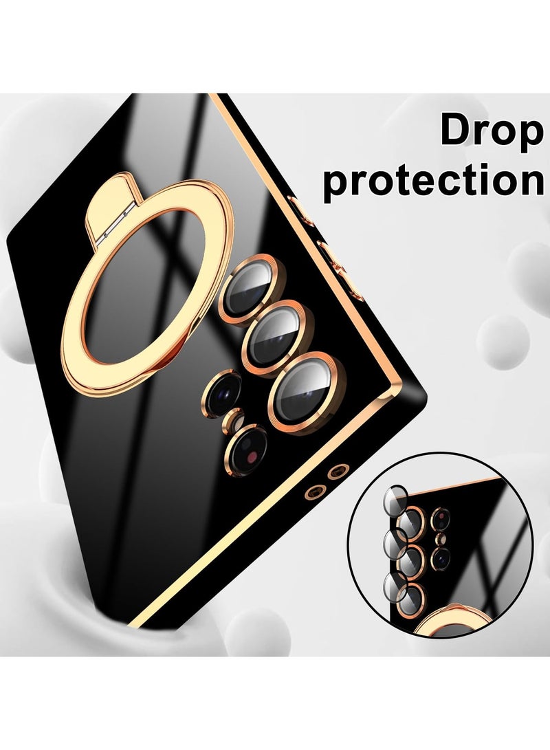 Magnetic Case for Galaxy S25 Ultra with Ring Stand [Camera Lens Protector] Glitter Slim Protective Cover, Compatible with Samsung Galaxy S25 Ultra Case -Black - Image 5