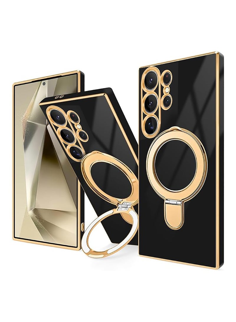 Magnetic Case for Galaxy S25 Ultra with Ring Stand [Camera Lens Protector] Glitter Slim Protective Cover, Compatible with Samsung Galaxy S25 Ultra Case -Black - Image 1