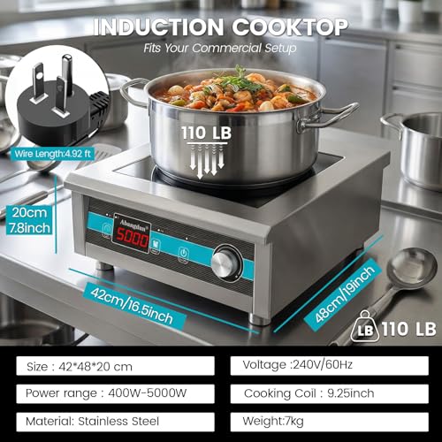 Abangdun Commercial Induction Cooktop 5000W 190V~275V Electric Stove Commercial Range Countertop Burner with 18 Hour Timer Non Circulating Heating Portable Hot Plate for Restaurant&Hotel&Kitchen Use - Image 2