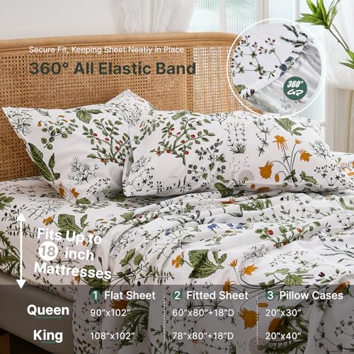 Cozaline 100% Cotton Sheet Set Queen Size – 4-Piece Vintage Green Floral Bedding Set, Soft Breathable Percale Weave, Deep Pocket Fitted Sheet 17.5", Crisp Cool Feel, Refined Botanical Elegance - Image 4