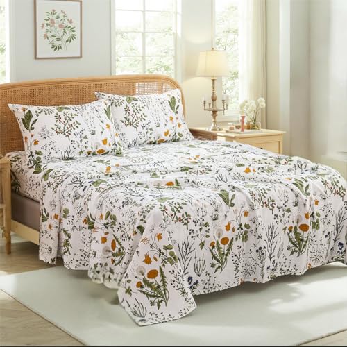Cozaline 100% Cotton Sheet Set Queen Size – 4-Piece Vintage Green Floral Bedding Set, Soft Breathable Percale Weave, Deep Pocket Fitted Sheet 17.5", Crisp Cool Feel, Refined Botanical Elegance - Image 2