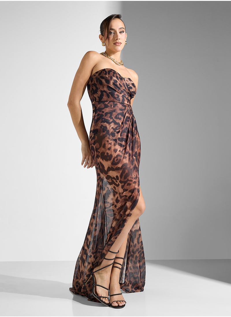 Ginger Sweetheart Neckline Leopard Print Sheer Dress With Slit  - Image 1