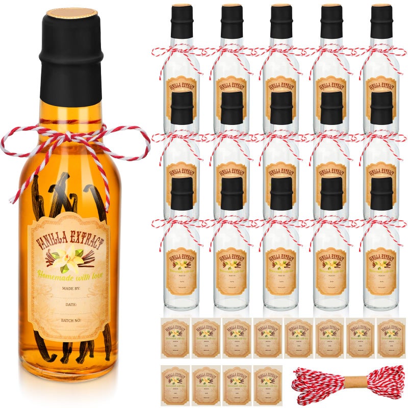 Tioncy 16 Pcs Vanilla Extract Bottles for Homemade Vanilla Jar Glass Bottle with Cap Shrink Band Sticker Syrup Gift Food Storage Canister for Bean Sauce SpiceBlack5 oz