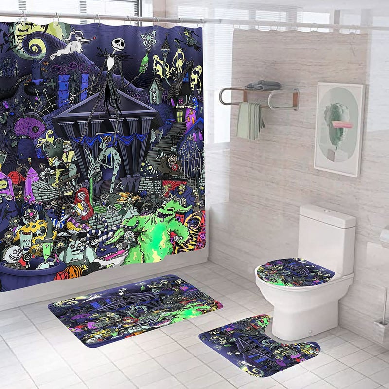 DDS-DUDES 4Pcs Nightmare Before Christmas Zombie Bride Jack Shower Curtain Sets Kids Bathroom Halloween Decor with 12 Curtain Hooks for Bathroom  Waterproof 71 x 71 inch (D0025)