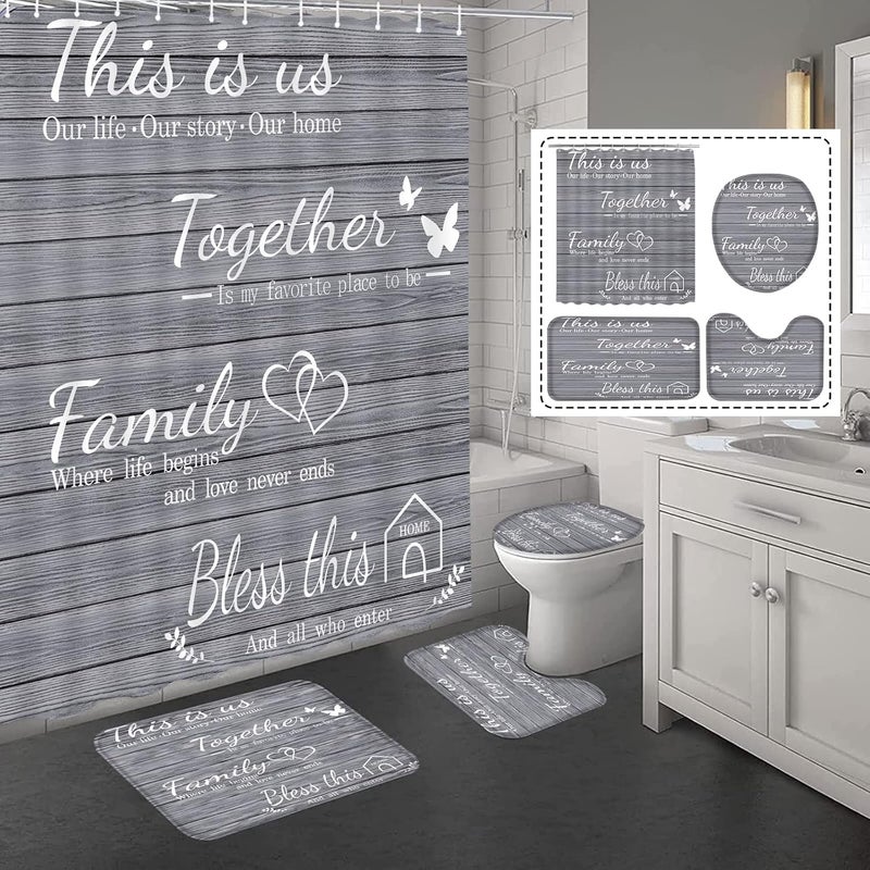 juwute 4Pcs Family Shower Curtain Sets with Non-Slip Rugs, Toilet Lid Cover and Bath Mat, Grey Home Bathroom Decor Set Accessories Waterproof Shower Curtains with 12 Hooks, 72 x 72 Inch - Image 2