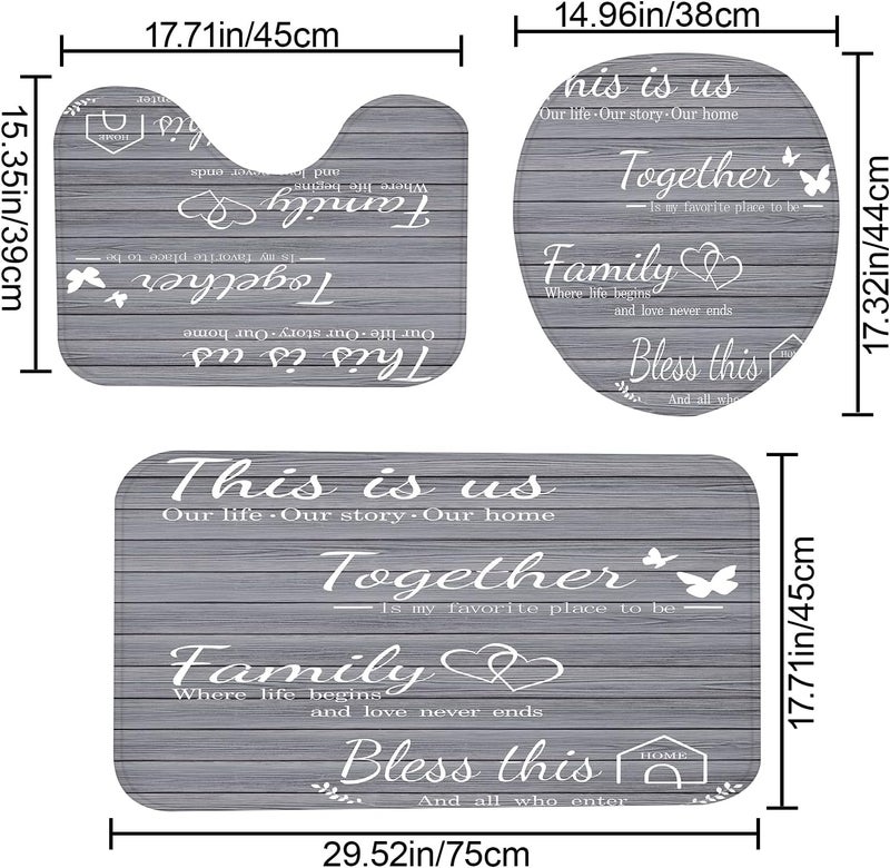 juwute 4Pcs Family Shower Curtain Sets with Non-Slip Rugs, Toilet Lid Cover and Bath Mat, Grey Home Bathroom Decor Set Accessories Waterproof Shower Curtains with 12 Hooks, 72 x 72 Inch - Image 4