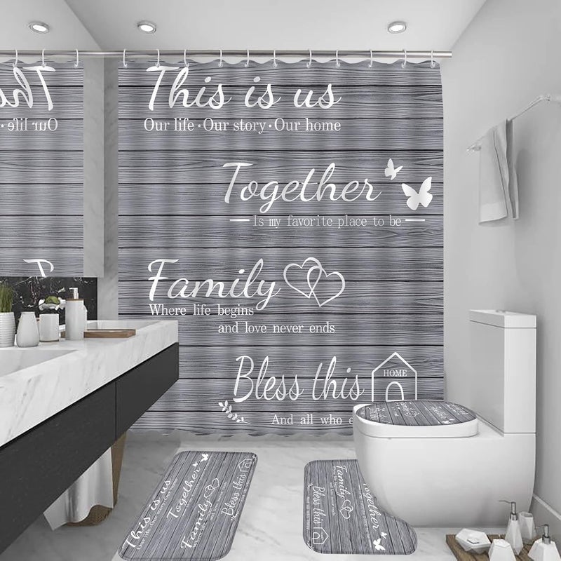 juwute 4Pcs Family Shower Curtain Sets with Non-Slip Rugs, Toilet Lid Cover and Bath Mat, Grey Home Bathroom Decor Set Accessories Waterproof Shower Curtains with 12 Hooks, 72 x 72 Inch - Image 1
