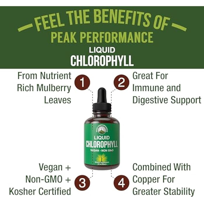 Peak Performance Chlorophyll Liquid Drops - Ultra High Purity, Alcohol Free, Non-GMO, Gluten Free Liquid Chlorophyll Drops Supplement. Take with Water. Internal Deodorant + Skin Care, Immune, and Digestive Support - Image 2