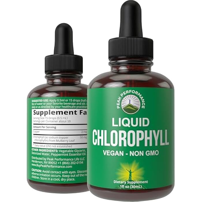 Peak Performance Chlorophyll Liquid Drops - Ultra High Purity, Alcohol Free, Non-GMO, Gluten Free Liquid Chlorophyll Drops Supplement. Take with Water. Internal Deodorant + Skin Care, Immune, and Digestive Support - Image 1
