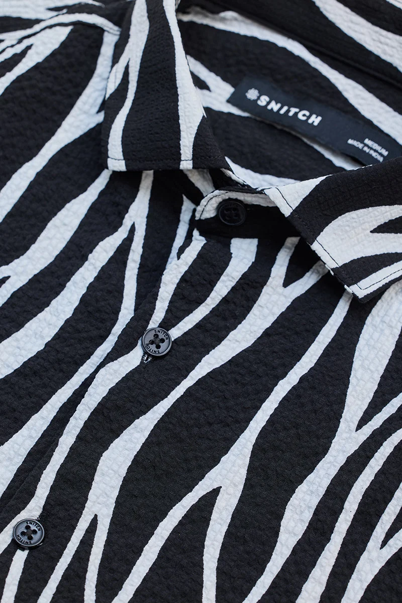 سنيتش Black Abstract Long Sleeve Slim Fit Casual Shirt