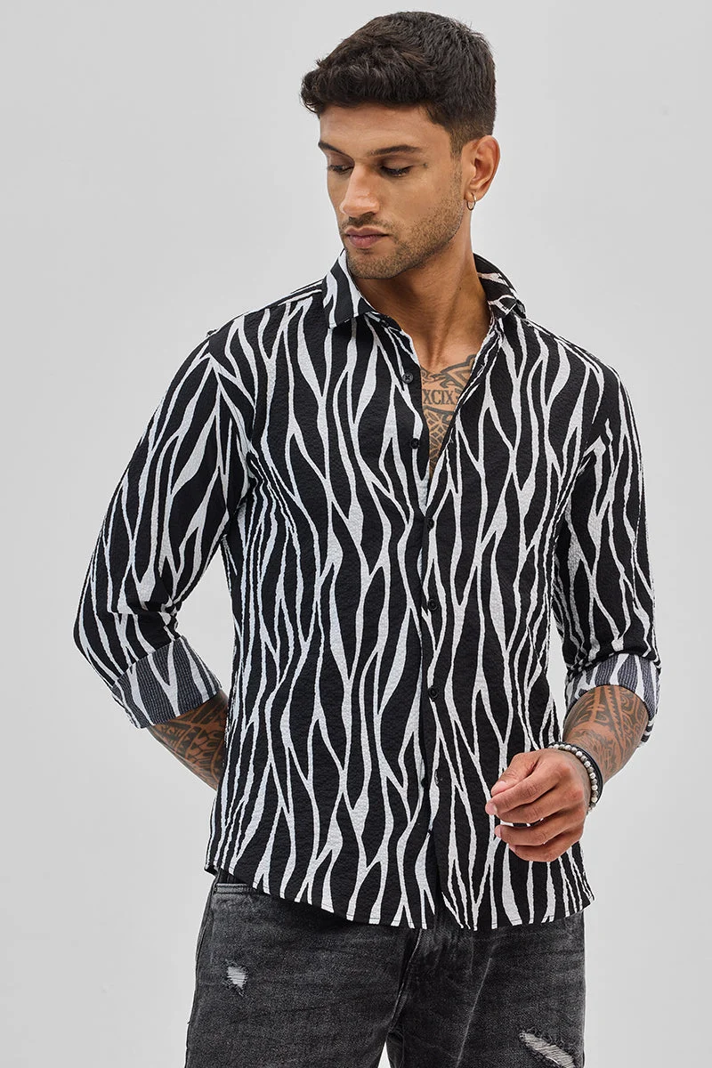سنيتش Black Abstract Long Sleeve Slim Fit Casual Shirt