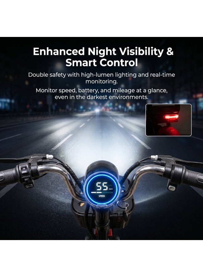ITQAN RASEEL Two-seater adult high-speed E scooter、E-bike with front shopping basket | Ultra-long range of 60 km | 450W A+ motor | 48V 12Ah battery | Maximum speed of 55 km/h | 150 kg load capacity | Digital display and LED lighting, portable electric bicycle, suitable for family and city e bike - Image 4