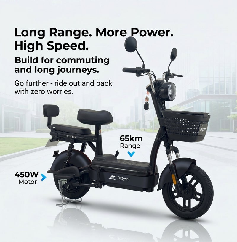ITQAN RASEEL Two-seater adult high-speed E scooter、E-bike with front shopping basket | Ultra-long range of 60 km | 450W A+ motor | 48V 12Ah battery | Maximum speed of 55 km/h | 150 kg load capacity | Digital display and LED lighting, portable electric bicycle, suitable for family and city e bike - Image 2