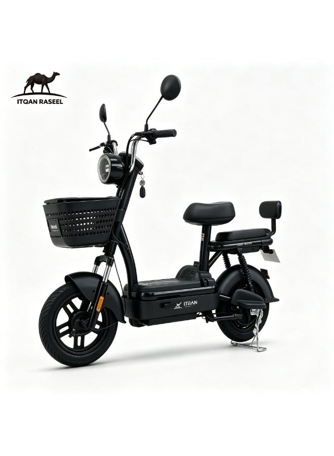 ITQAN RASEEL Two-seater adult high-speed E scooter、E-bike with front shopping basket | Ultra-long range of 60 km | 450W A+ motor | 48V 12Ah battery | Maximum speed of 55 km/h | 150 kg load capacity | Digital display and LED lighting, portable electric bicycle, suitable for family and city e bike - Image 1