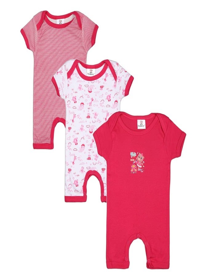 TiniBerry100% Cotton Rompers/Sleepsuits/Jumpsuit/Night Suits for Baby Boys & baby Girls, New-Born, infants, Pack of 3 Combo (3-6 Months, Rani) - Image 1