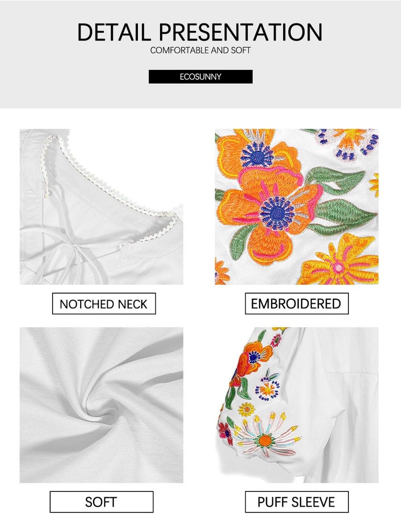 Ecosunny Women's Boho Embroidered Tops V Neck Floral Short Puff Sleeve Casual Shirts Loose Tunic Summer Blouses Fashion 2026 A-white - Image 4