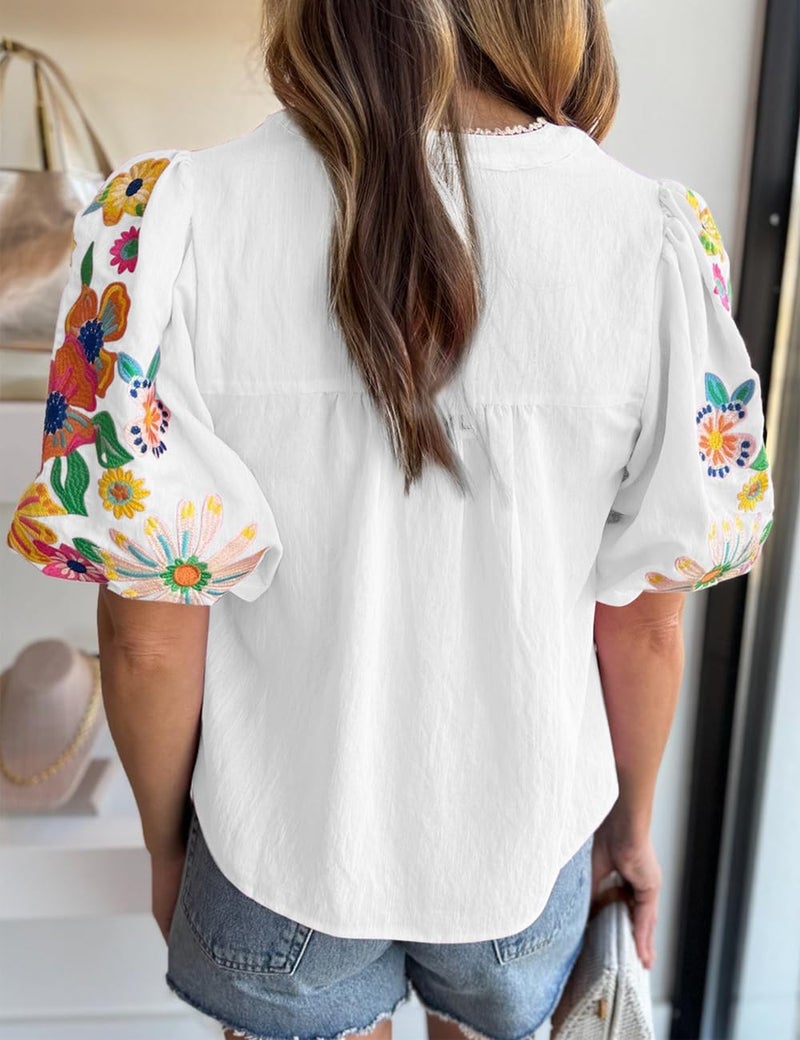 Ecosunny Women's Boho Embroidered Tops V Neck Floral Short Puff Sleeve Casual Shirts Loose Tunic Summer Blouses Fashion 2026 A-white - Image 3