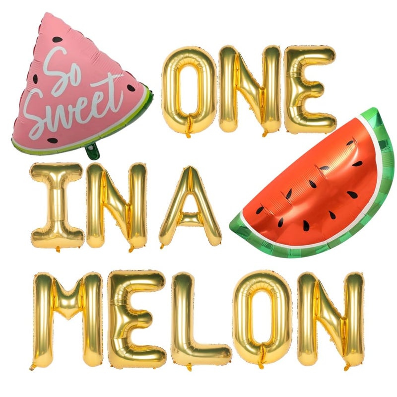 Atpata Funky 1st Birthday Melon Theme Foil Balloon Combo - "One in a Melon" Golden Letter Balloons with Watermelon Slice & Half Melon Balloons - Cute Fruit Theme Party Decoration for Baby Birthday - Image 1