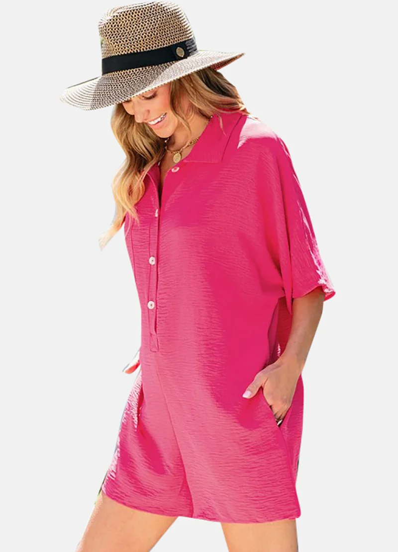 YUNIQEE Pink Solid Relaxed Fit Collared Playsuit