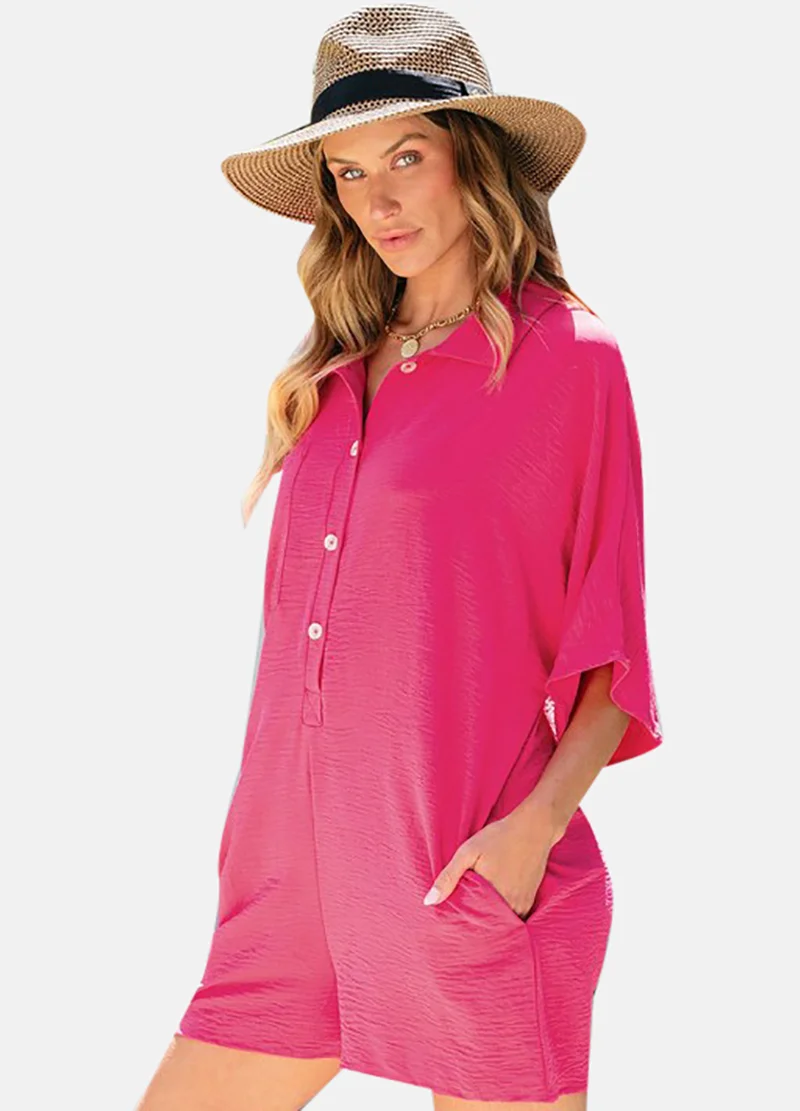 YUNIQEE Pink Solid Relaxed Fit Collared Playsuit