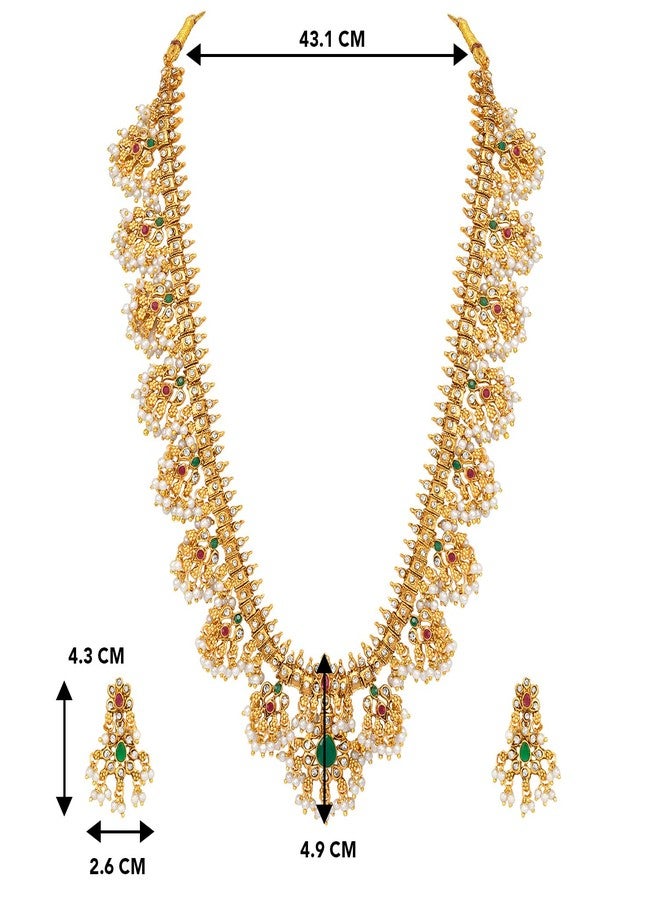 Peora Traditional Gold Plated Red Green Beads Studded Long Necklace Drop Earrings Set Ethnic Stylish Fashion Jewellery for Women & Girls - Image 4