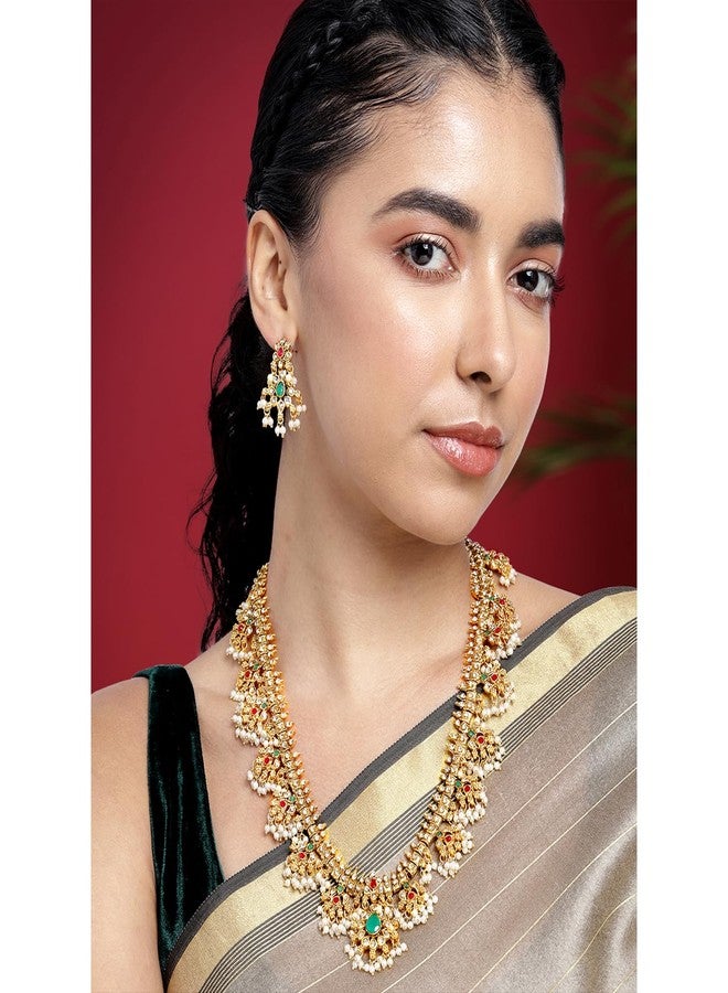 Peora Traditional Gold Plated Red Green Beads Studded Long Necklace Drop Earrings Set Ethnic Stylish Fashion Jewellery for Women & Girls - Image 2