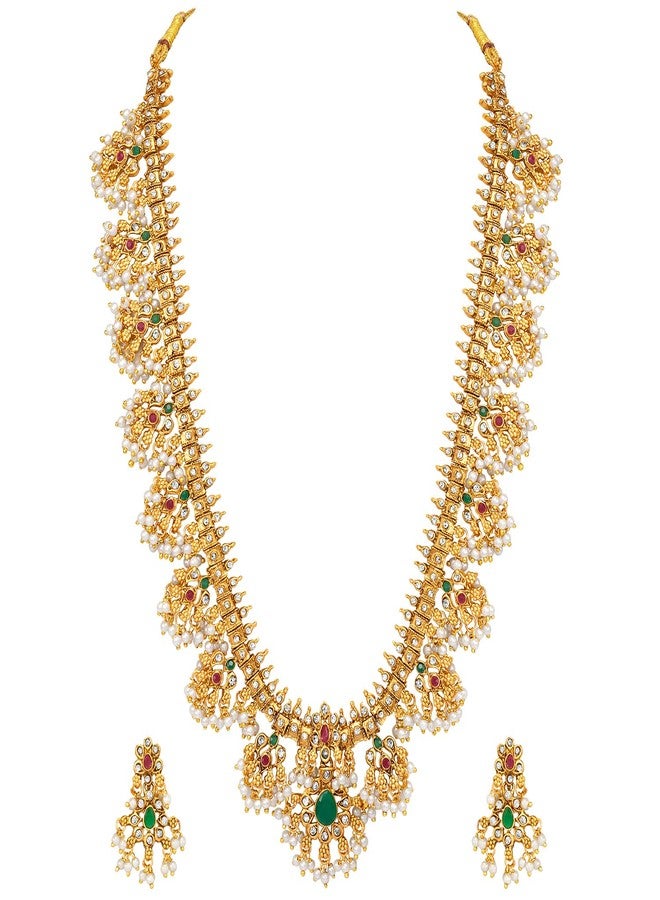Peora Traditional Gold Plated Red Green Beads Studded Long Necklace Drop Earrings Set Ethnic Stylish Fashion Jewellery for Women & Girls - Image 1