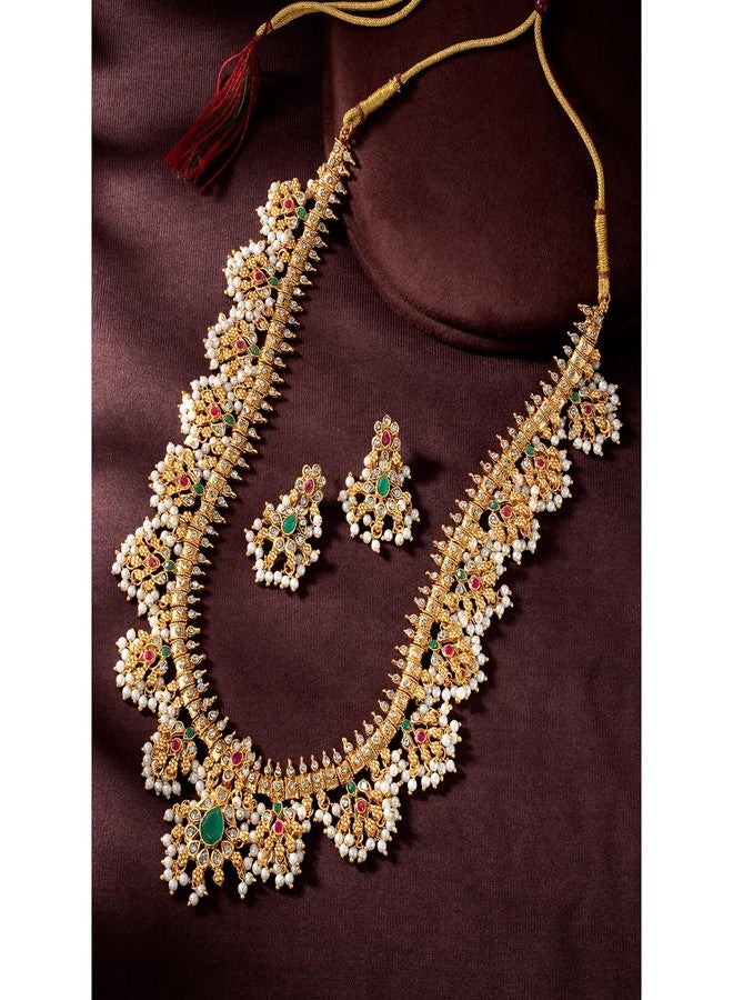 Peora Traditional Gold Plated Red Green Beads Studded Long Necklace Drop Earrings Set Ethnic Stylish Fashion Jewellery for Women & Girls - Image 3