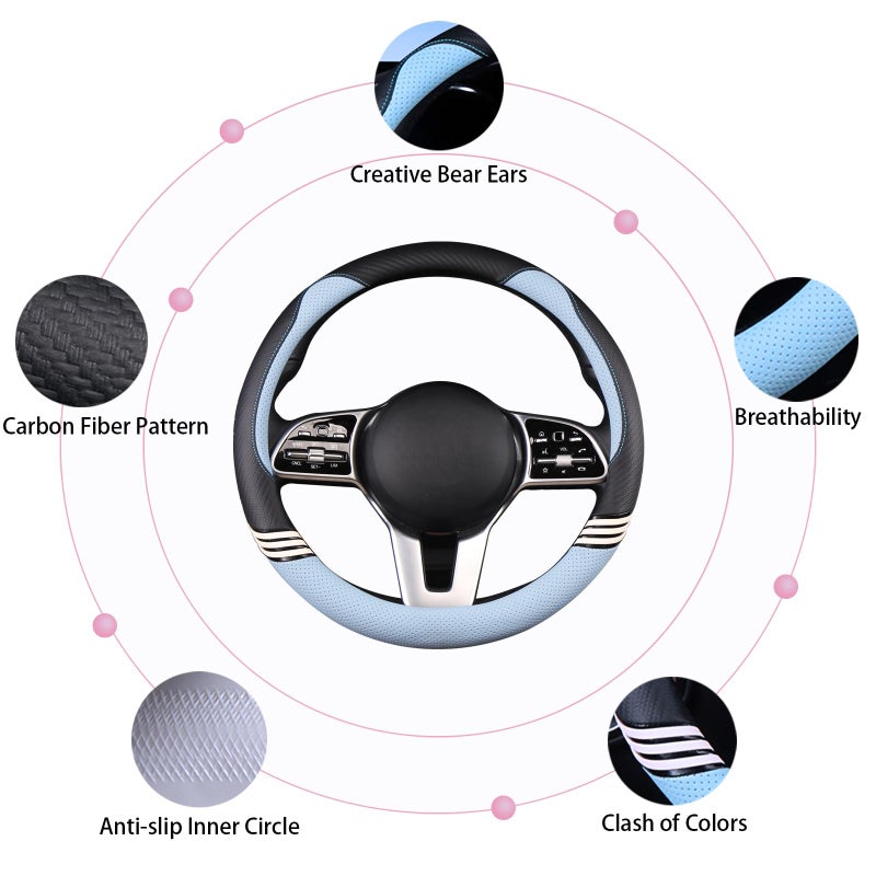Binsheo Cute Steering Wheel Cover for Women Men Leather Universal 15 inch,Black and Blue - Image 4