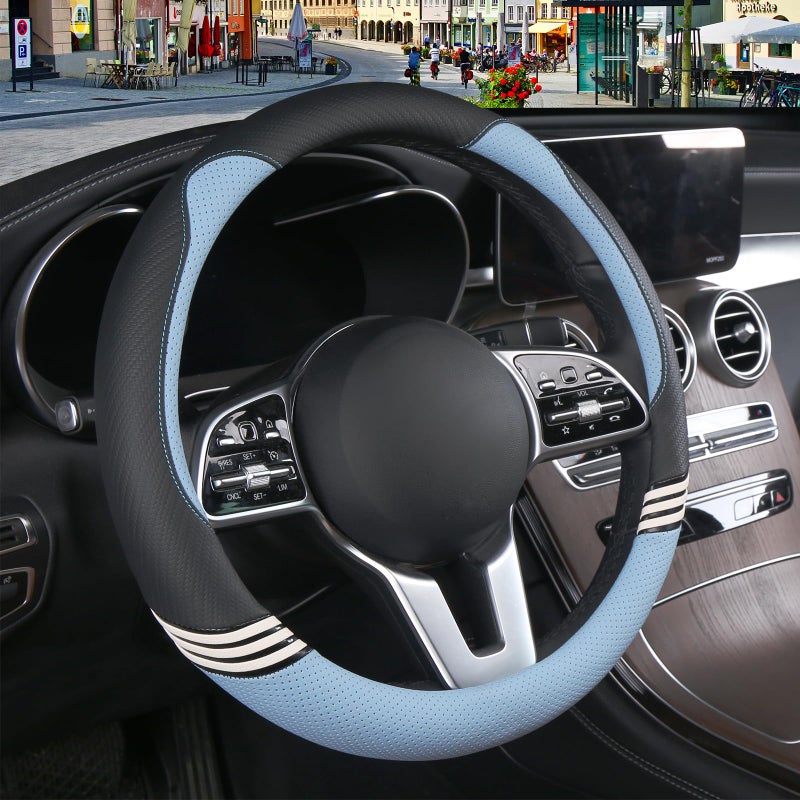 Binsheo Cute Steering Wheel Cover for Women Men Leather Universal 15 inch,Black and Blue - Image 1