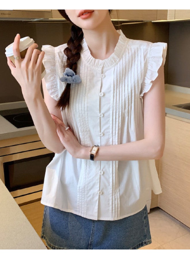 TonLion 2025 Summer Women's Round Neck Solid Color Single Button Lace Elegant Versatile Fashion Short Sleeveless Blouse - Image 1