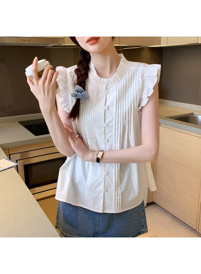 TonLion 2025 Summer Women's Round Neck Solid Color Single Button Lace Elegant Versatile Fashion Short Sleeveless Blouse - Image 2