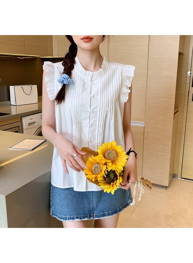 TonLion 2025 Summer Women's Round Neck Solid Color Single Button Lace Elegant Versatile Fashion Short Sleeveless Blouse - Image 5