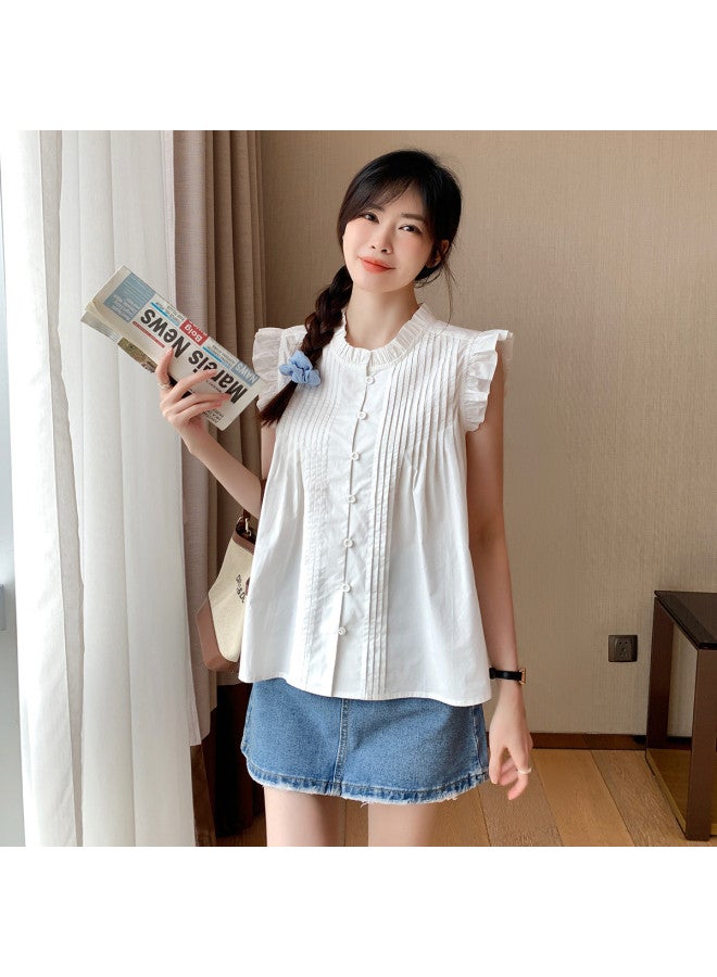 TonLion 2025 Summer Women's Round Neck Solid Color Single Button Lace Elegant Versatile Fashion Short Sleeveless Blouse - Image 3
