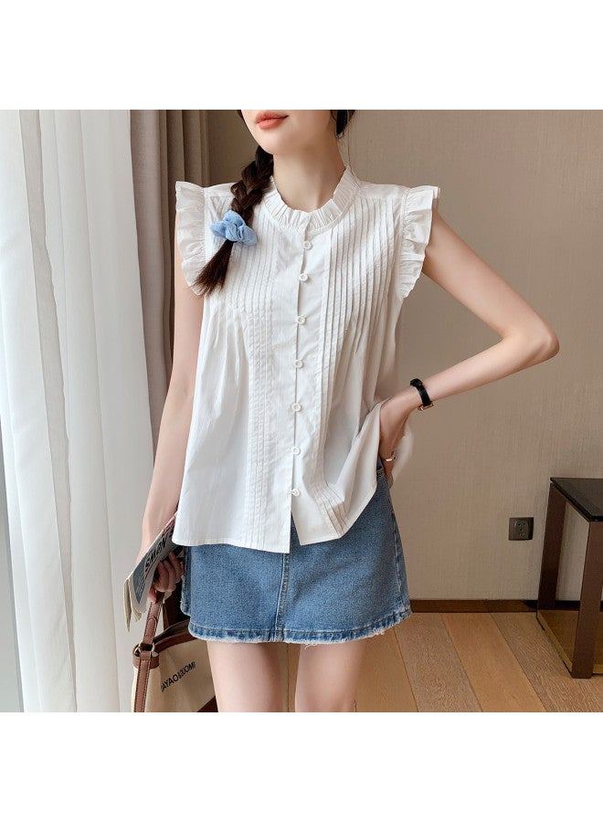 TonLion 2025 Summer Women's Round Neck Solid Color Single Button Lace Elegant Versatile Fashion Short Sleeveless Blouse - Image 4