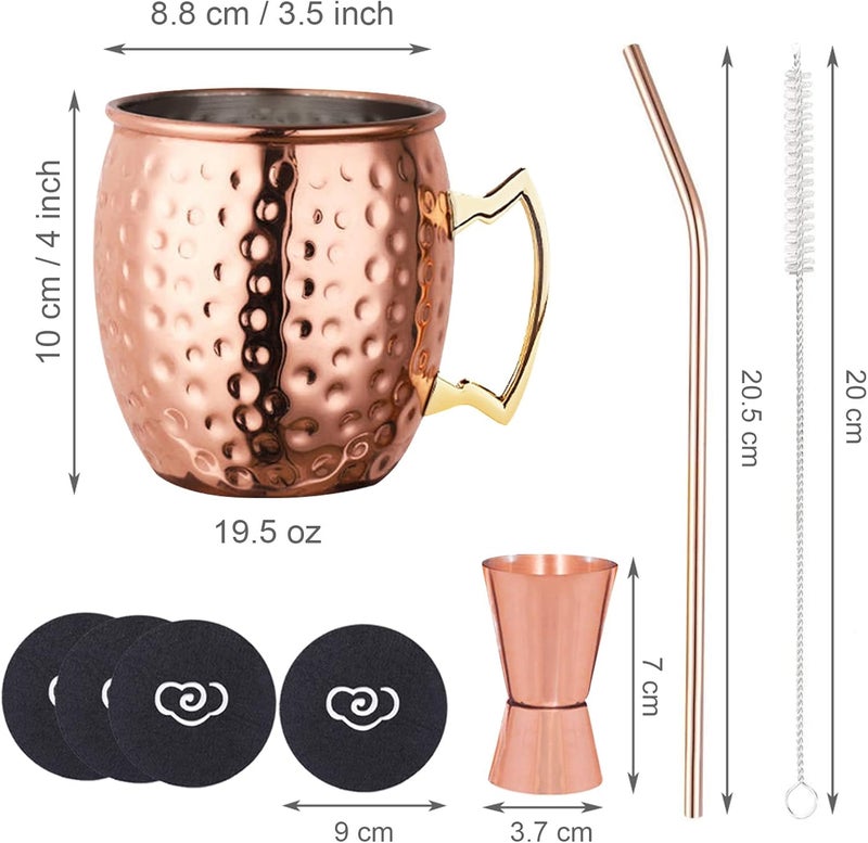 LIVEHITOP Moscow Mule Copper Mugs Set of 4, Copper Cups with Straws, Jigger, Coasters, Straw Brush for Party, Bar, Stainless Steel Lining, 19.5oz Gifts Set - Image 3