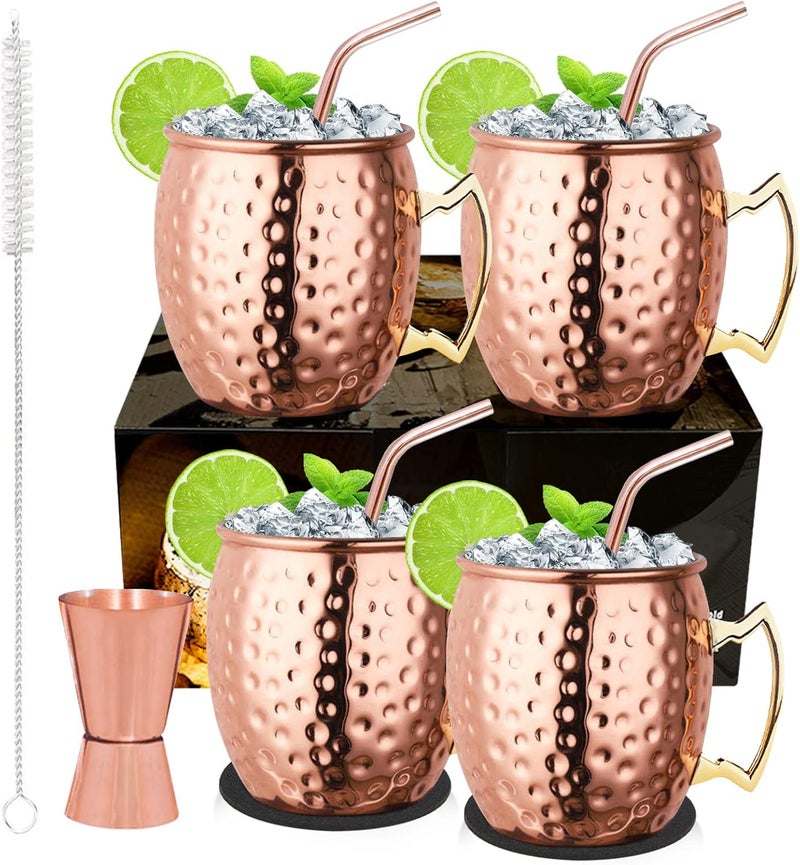 LIVEHITOP Moscow Mule Copper Mugs Set of 4, Copper Cups with Straws, Jigger, Coasters, Straw Brush for Party, Bar, Stainless Steel Lining, 19.5oz Gifts Set - Image 1
