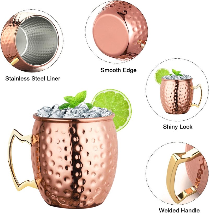 LIVEHITOP Moscow Mule Copper Mugs Set of 4, Copper Cups with Straws, Jigger, Coasters, Straw Brush for Party, Bar, Stainless Steel Lining, 19.5oz Gifts Set - Image 2