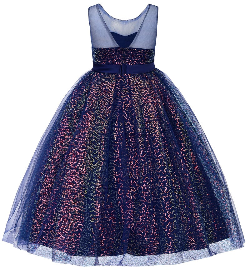 Uhnice Flower Girls Sequin Dress V-Back Tulle Ball Gown for Wedding Party (Navy Blue, 5-6/120) - Image 3