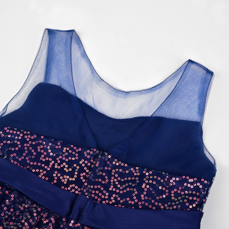 Uhnice Flower Girls Sequin Dress V-Back Tulle Ball Gown for Wedding Party (Navy Blue, 5-6/120) - Image 4