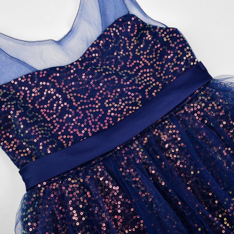 Uhnice Flower Girls Sequin Dress V-Back Tulle Ball Gown for Wedding Party (Navy Blue, 5-6/120) - Image 2