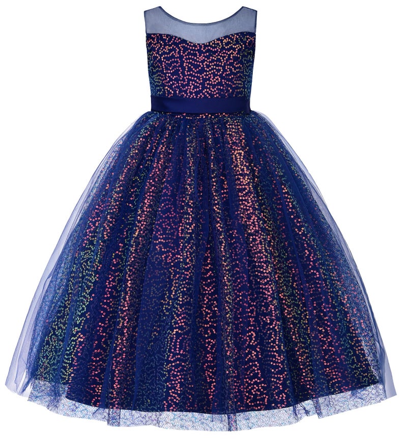 Uhnice Flower Girls Sequin Dress V-Back Tulle Ball Gown for Wedding Party (Navy Blue, 5-6/120) - Image 1