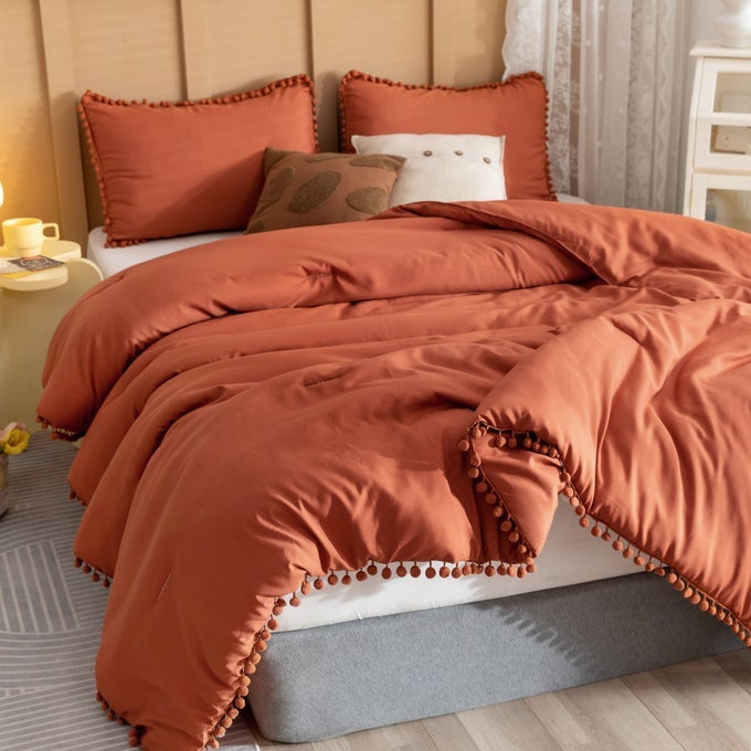 QUEEN COMFORTER SET COMFORTER QUEEN SIZE SETS WITH BALL POM FRINGE SOFT BEDDING SET FOR ALL SEASONS 3 PIECES 1 COMFORTER 90X90 2 PILLOW SHAMS 20X26 TERRACOTTA
