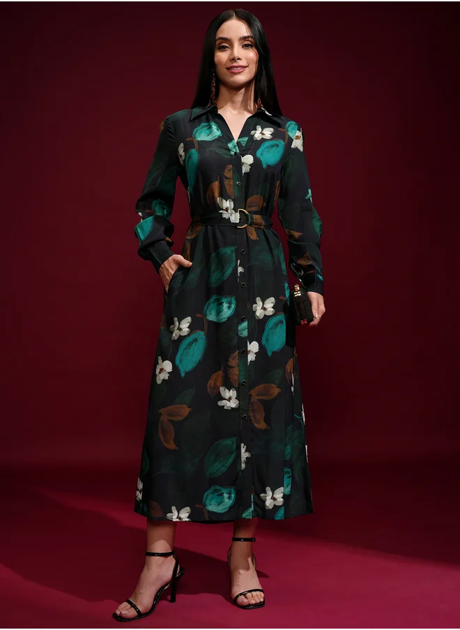Vishudh Vishudh Floral Printed Belted Shirt Midi Dress