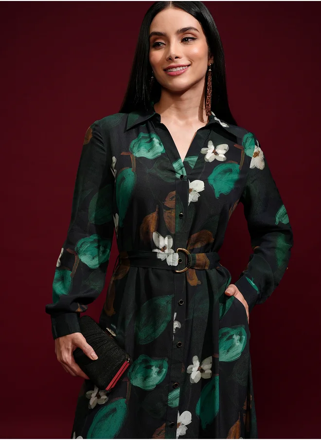 Vishudh Vishudh Floral Printed Belted Shirt Midi Dress