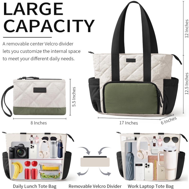 Bagstellar Puffer Lunch Tote Bag for Women, 15.6 Inch Laptop Work Bag with Insulated Lunch Compartment & Large Cup Holder, Lightweight Quilted Puffy Lunch Box Purse for Teacher Nurse Travel Office Daily School - Image 2